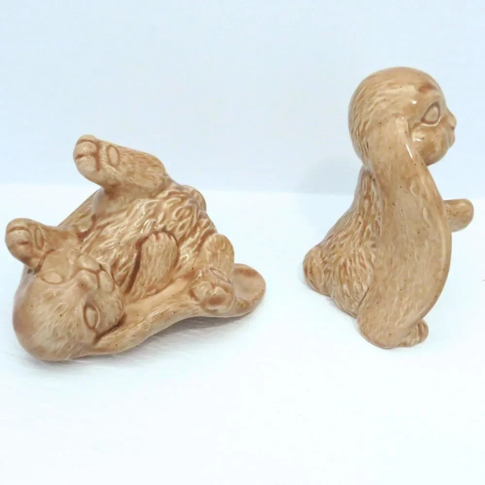 Handmade Ceramic Bunny Figurines Tan Glossy Finish Set of 2